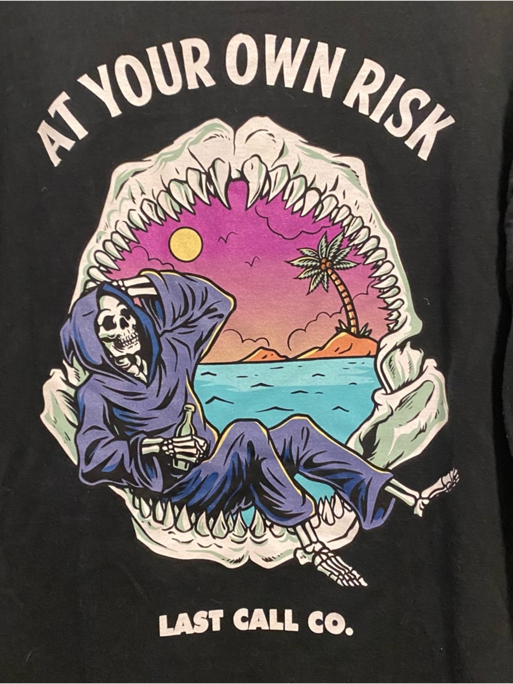 Last Call Mens Black Graphic Tee T Shirt L Large 42” At Your Own Risk Skeleton